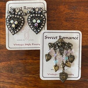 SWEET ROMANCE bronze tone clip on earrings and matching pin.